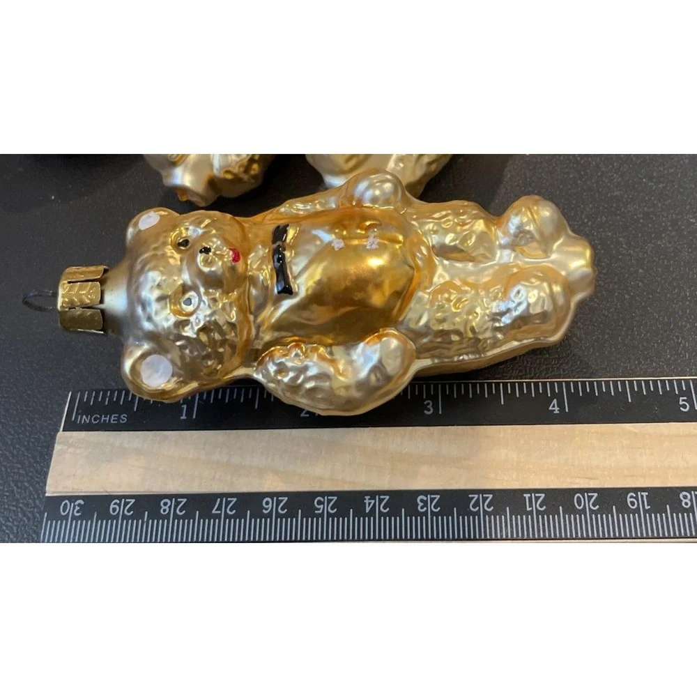 Vintage Mercury Glass‎ 4 Golden Teddy Bear Christmas Ornament Gold Red Vest Bow